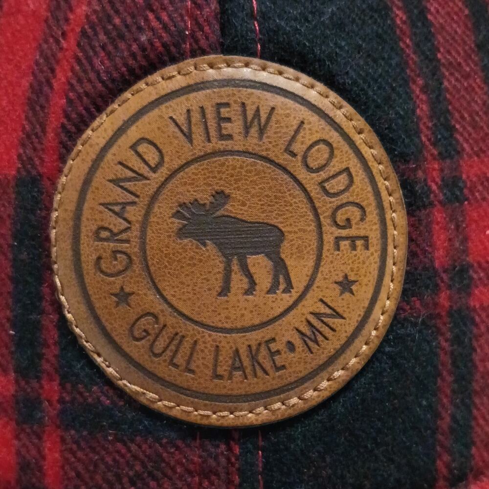 Legacy Grand View Lodge Gull Lake MN Moose Leather Patch Plaid Hat Cabincore